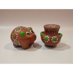 Vintage Terracotta Handpainted Floral Salt Pepper Shakers Pig Jar Ethnic